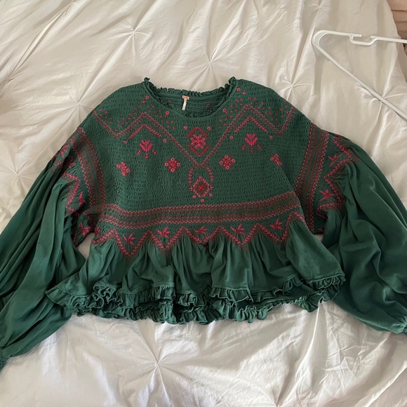 Free People Holly Long Sleeve Knit Top in Green Combo XS NWT - Picture 7 of 7